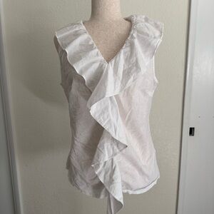 Larry Levine Signature Sleeveless Blouse – XL, White Cotton with Ruffle Detail